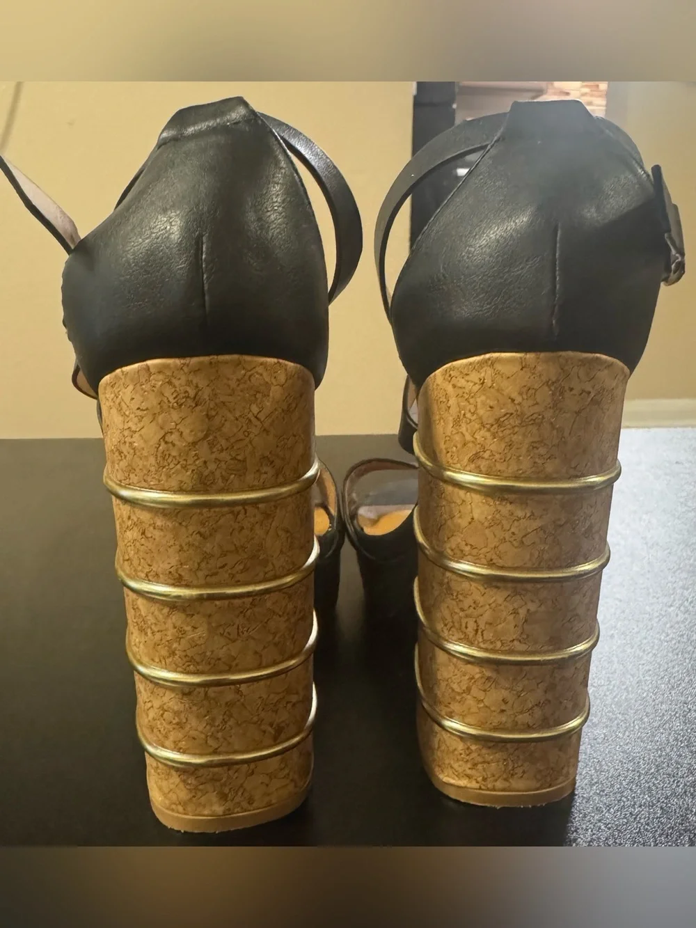 Qupid Black Platform Sandals with Cork Block Heel and Gold Accents